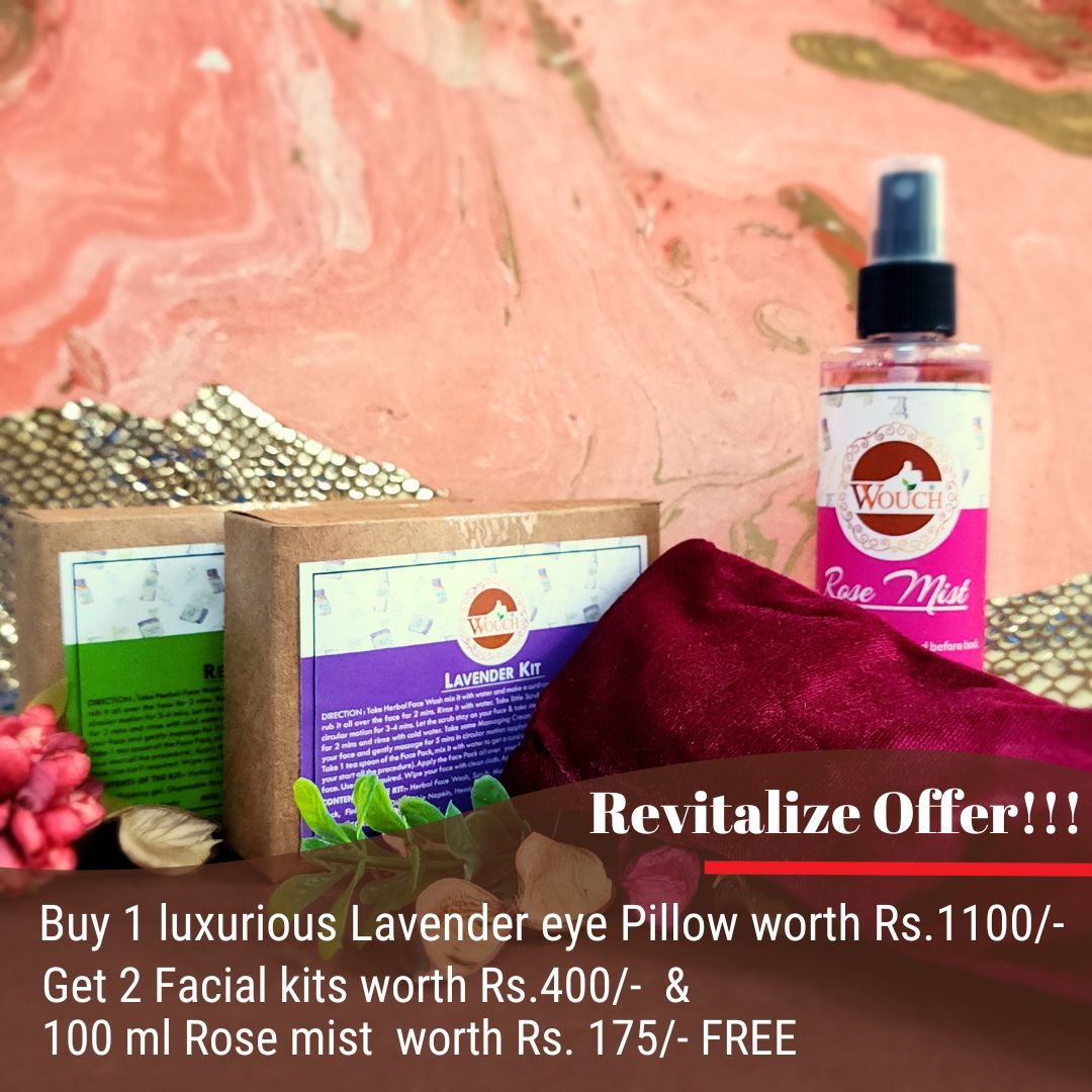 Lavender eye pillow, relaxation pillow, stress relief pillow, calming lavender pillow, aromatherapy pillow, facial kits, rose mist, soothing mist, free facial kit offer, luxury facial products, relaxation essentials, wellness combo, eye pillow for sleep, calming essentials, rejuvenating skincare
